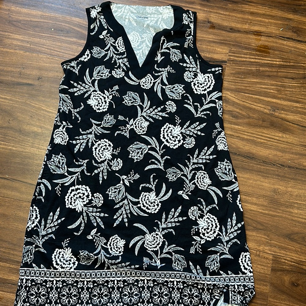 Lands end dress M/L 10/12 sleeveless black white sundress beach cover up